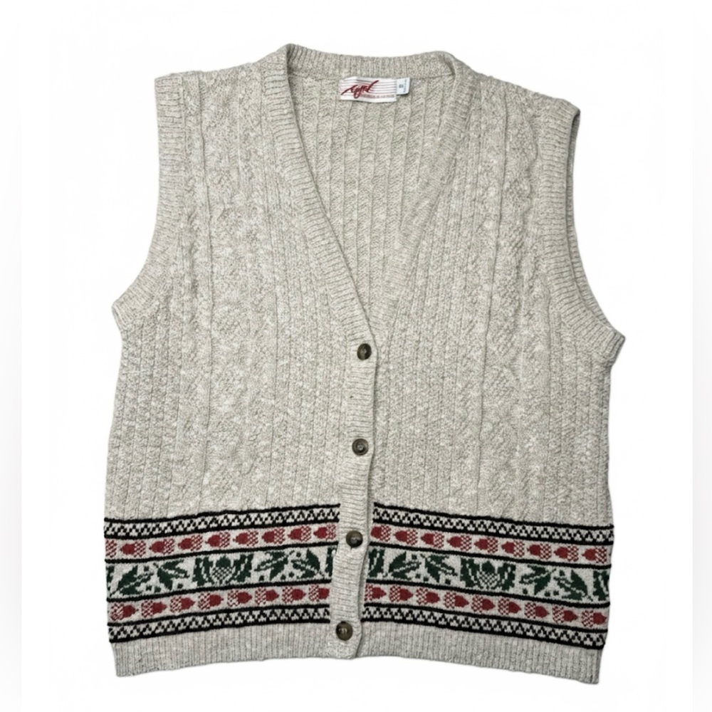 Vintage Graff Cable Knit V-Neck Sweater Vest with Fair Isle Border Size Small